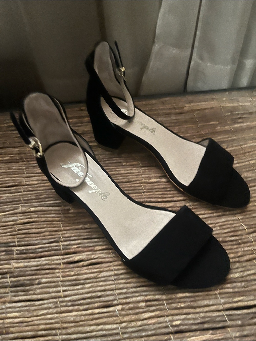 Free People Black Suede Ankle-Strap Block Heel Sandals
